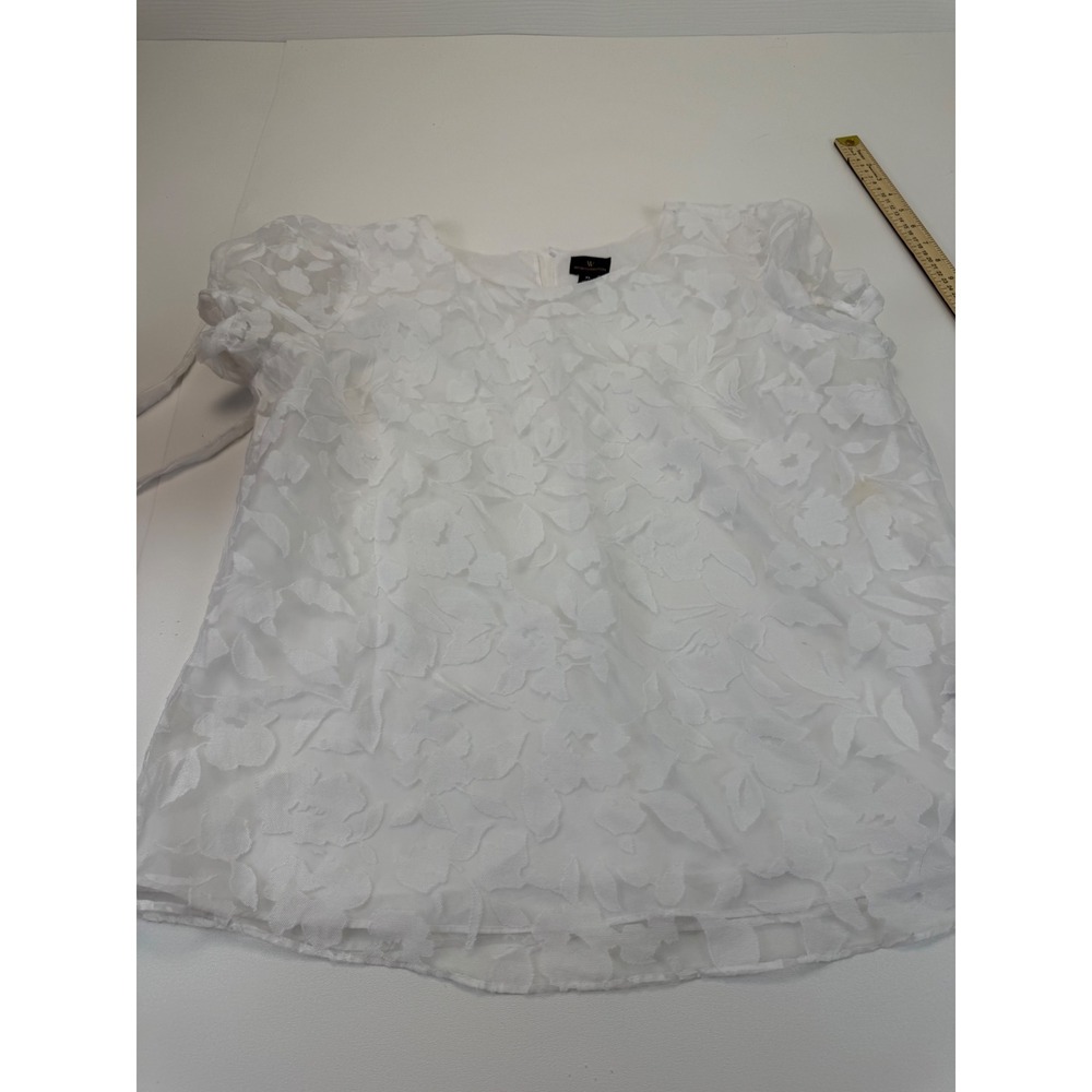 Worthington White Floral Burnout Puff Sleeve Blouse XL Crew Neck Zip Back Top